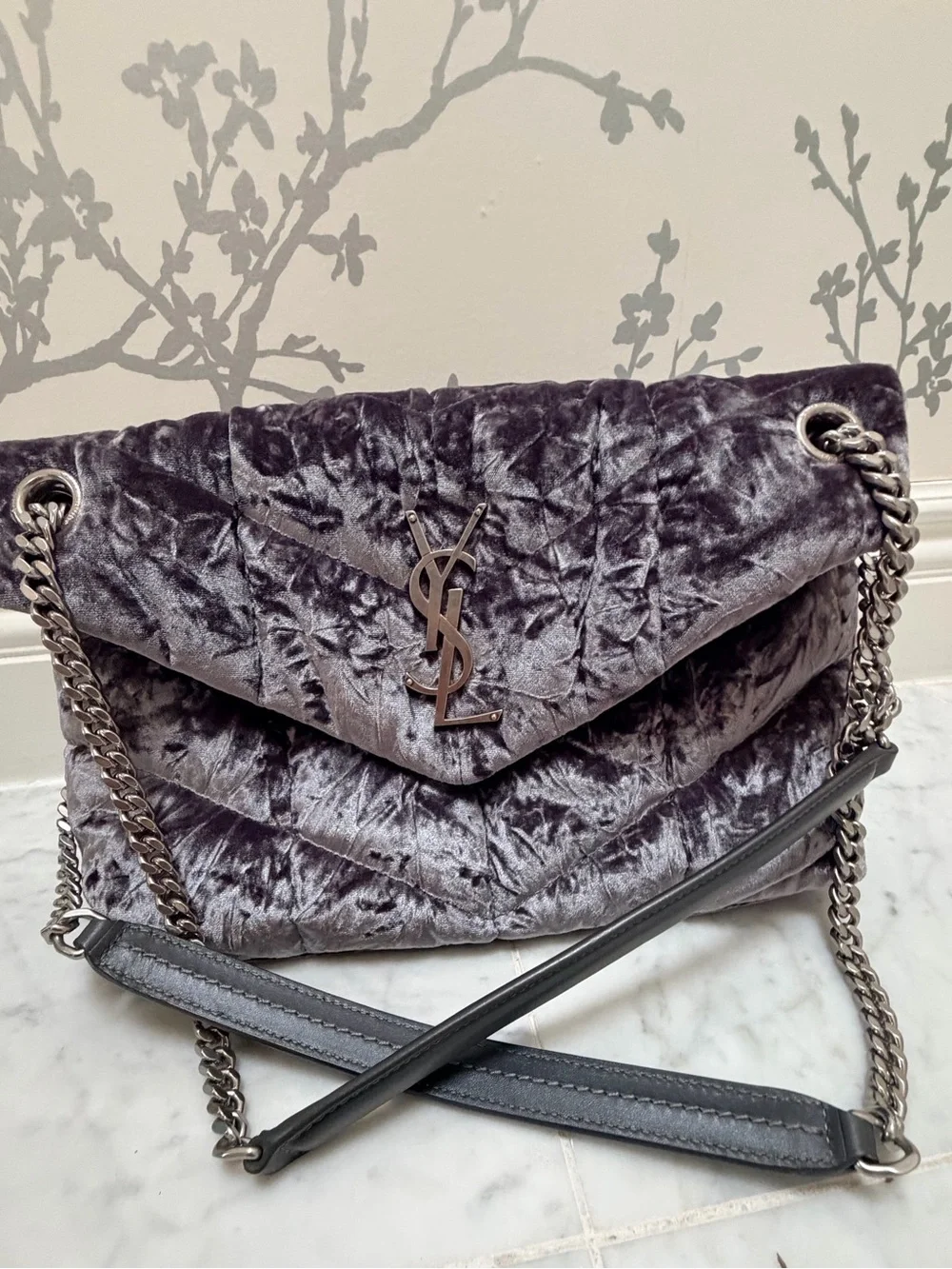 Saint Laurent Small Loulou Puffer Shoulder Bag in Iron Grey Crushed Velvet